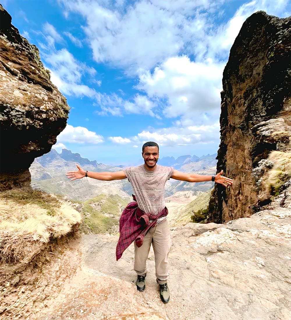 Tesema 'Tevan' Mulualem on a trail in the Simien Mountains